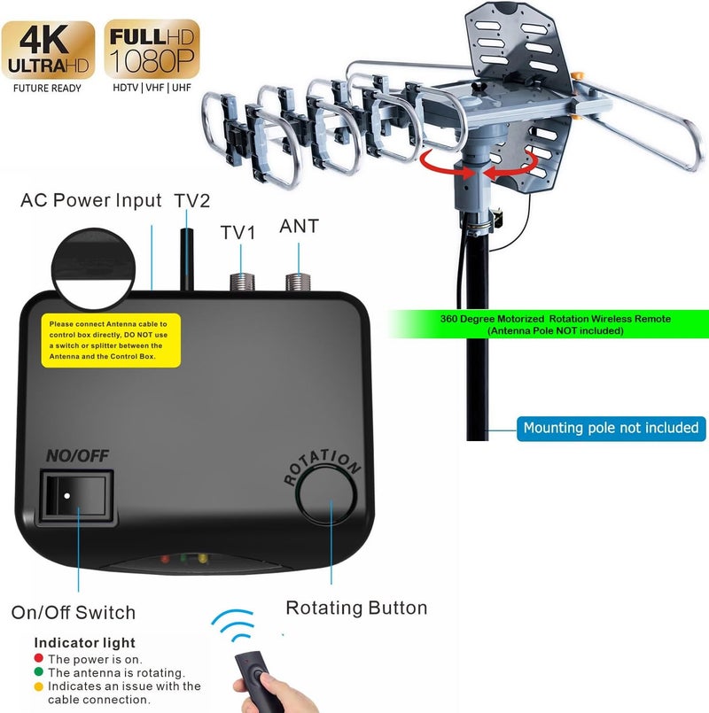 pingbingding PBD Outdoor Digital Amplified HDTV Antenna, 150 Mile Motorized 360 Degree Rotation, Wireless Remote Control, 59FT RG6 Coax Cable, Coaxial Grounding Block, UHF VHF 1080P 4K, Support 2 TVs - Image 2
